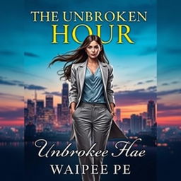 A captivating novel cover for 'The Unbroken Hour' featuring a strong female protagonist at the center