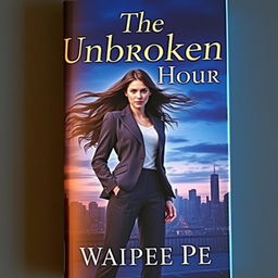 A captivating novel cover for 'The Unbroken Hour' featuring a strong female protagonist at the center