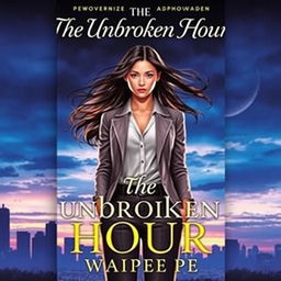 A captivating novel cover for 'The Unbroken Hour' featuring a strong female protagonist at the center