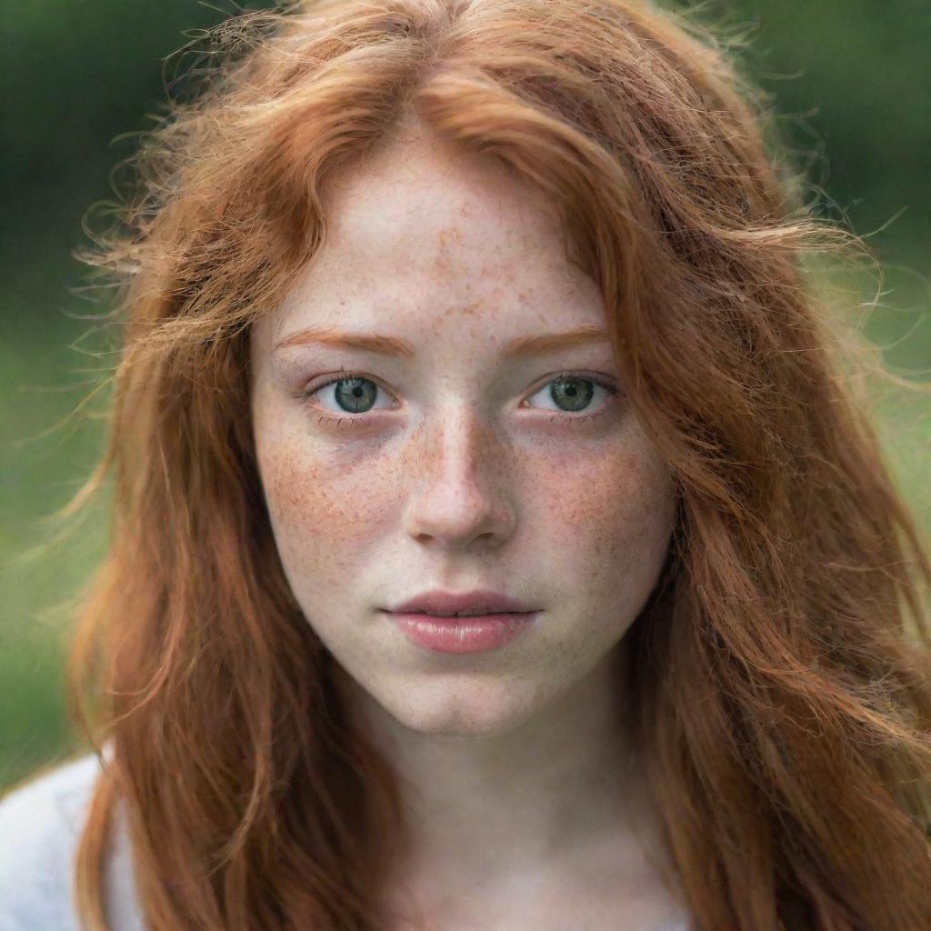 A beautiful 17-year-old girl with disheveled red hair, honey-colored eyes, beautiful freckles, and a cute nose.