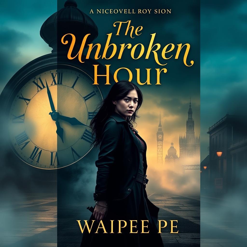 A captivating novel cover for 'The Unbroken Hour', featuring a strong female protagonist