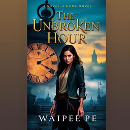 A captivating novel cover for 'The Unbroken Hour', featuring a strong female protagonist