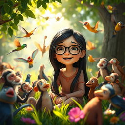 A whimsical scene from a fictional film titled 'Ludmylla Macaca', featuring a girl with long black hair and stylish glasses