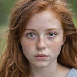 A beautiful 17-year-old girl with disheveled red hair, honey-colored eyes, beautiful freckles, and a cute nose.