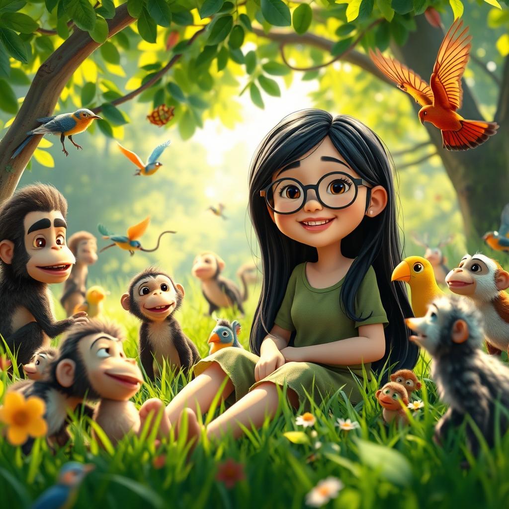 A whimsical scene from a fictional film titled 'Ludmylla Macaca', featuring a girl with long black hair and stylish glasses