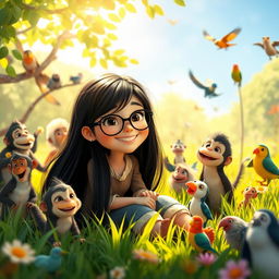 A whimsical scene from a fictional film titled 'Ludmylla Macaca', featuring a girl with long black hair and stylish glasses