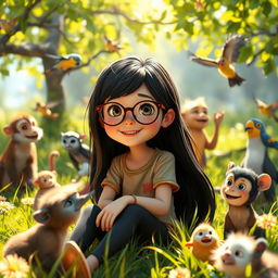 A whimsical scene from a fictional film titled 'Ludmylla Macaca', featuring a girl with long black hair and stylish glasses