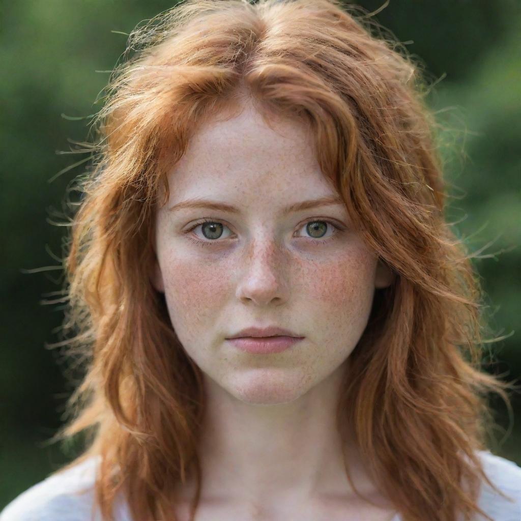 A beautiful 17-year-old girl with disheveled red hair, honey-colored eyes, beautiful freckles, and a cute nose.