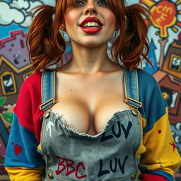 Close-up shot of a gorgeous female with auburn hair styled in pigtails, wearing a torn half colorful sweater and a midriff-baring bellytop