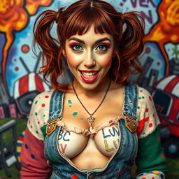 Close-up shot of a gorgeous female with auburn hair styled in pigtails, wearing a torn half colorful sweater and a midriff-baring bellytop