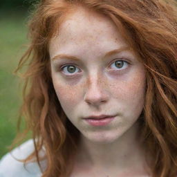 A beautiful 17-year-old girl with disheveled red hair, honey-colored eyes, beautiful freckles, and a cute nose.