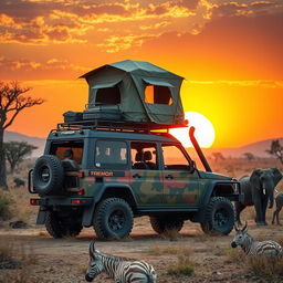 A breathtaking safari expedition scene showcasing a rugged and durable Tremor vehicle designed for off-road exploration