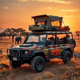 A breathtaking safari expedition scene showcasing a rugged and durable Tremor vehicle designed for off-road exploration