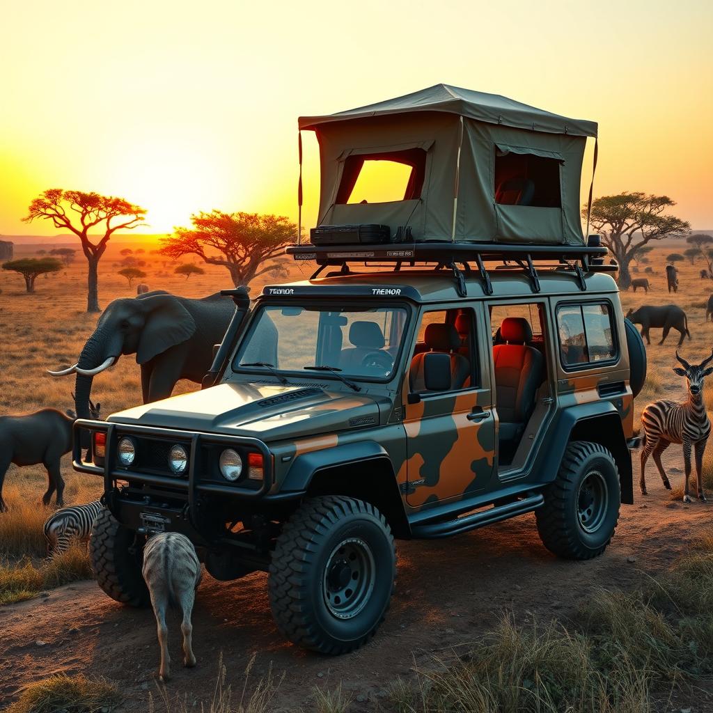 A breathtaking safari expedition scene showcasing a rugged and durable Tremor vehicle designed for off-road exploration