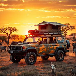 A breathtaking safari expedition scene showcasing a rugged and durable Tremor vehicle designed for off-road exploration