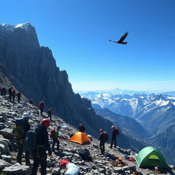 A thrilling mountainous expedition scene featuring a rugged terrain with steep cliffs, snow-capped peaks, and a clear blue sky