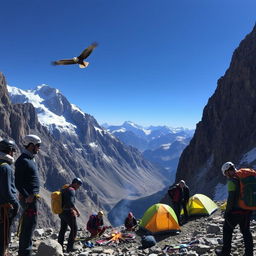 A thrilling mountainous expedition scene featuring a rugged terrain with steep cliffs, snow-capped peaks, and a clear blue sky