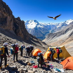 A thrilling mountainous expedition scene featuring a rugged terrain with steep cliffs, snow-capped peaks, and a clear blue sky