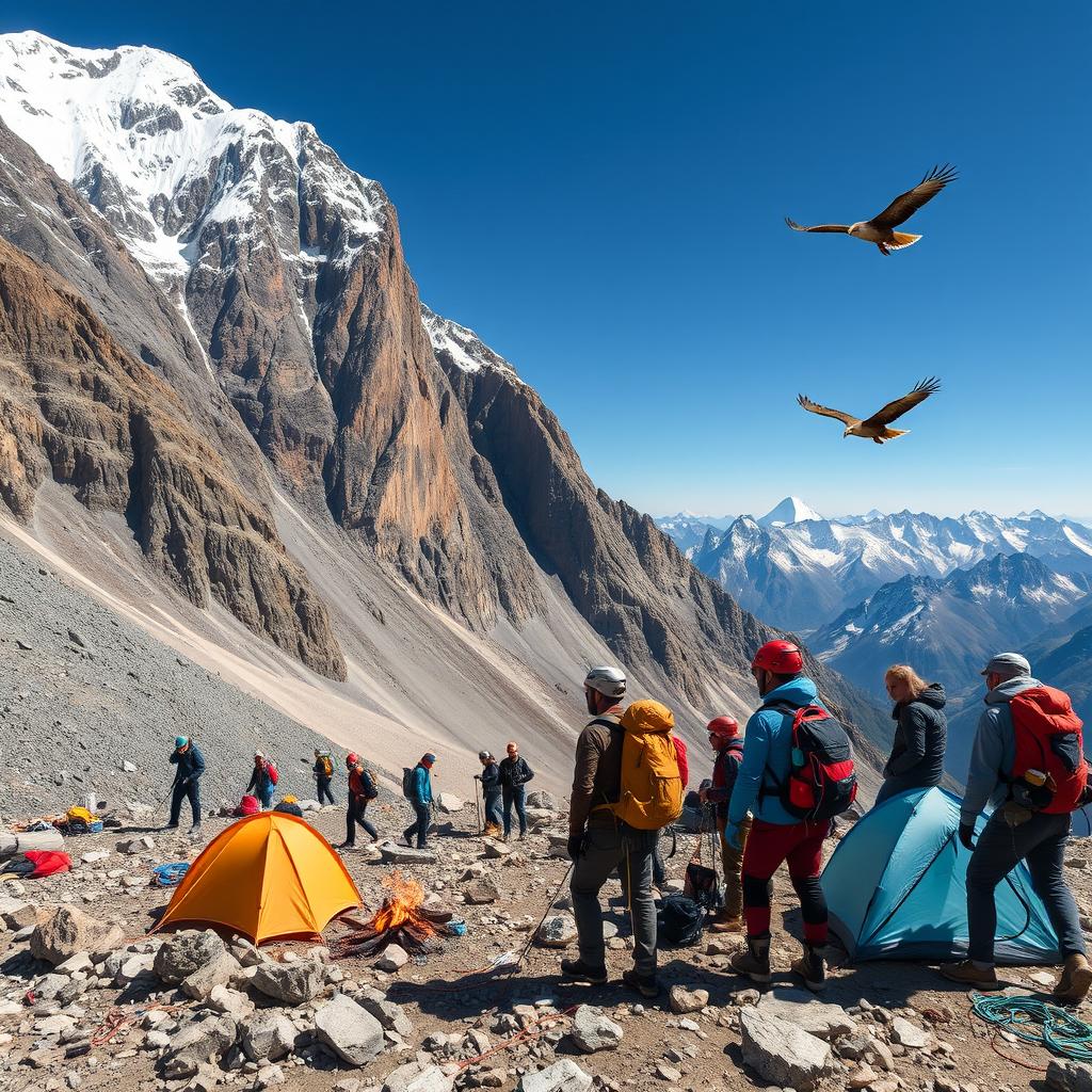 A thrilling mountainous expedition scene featuring a rugged terrain with steep cliffs, snow-capped peaks, and a clear blue sky