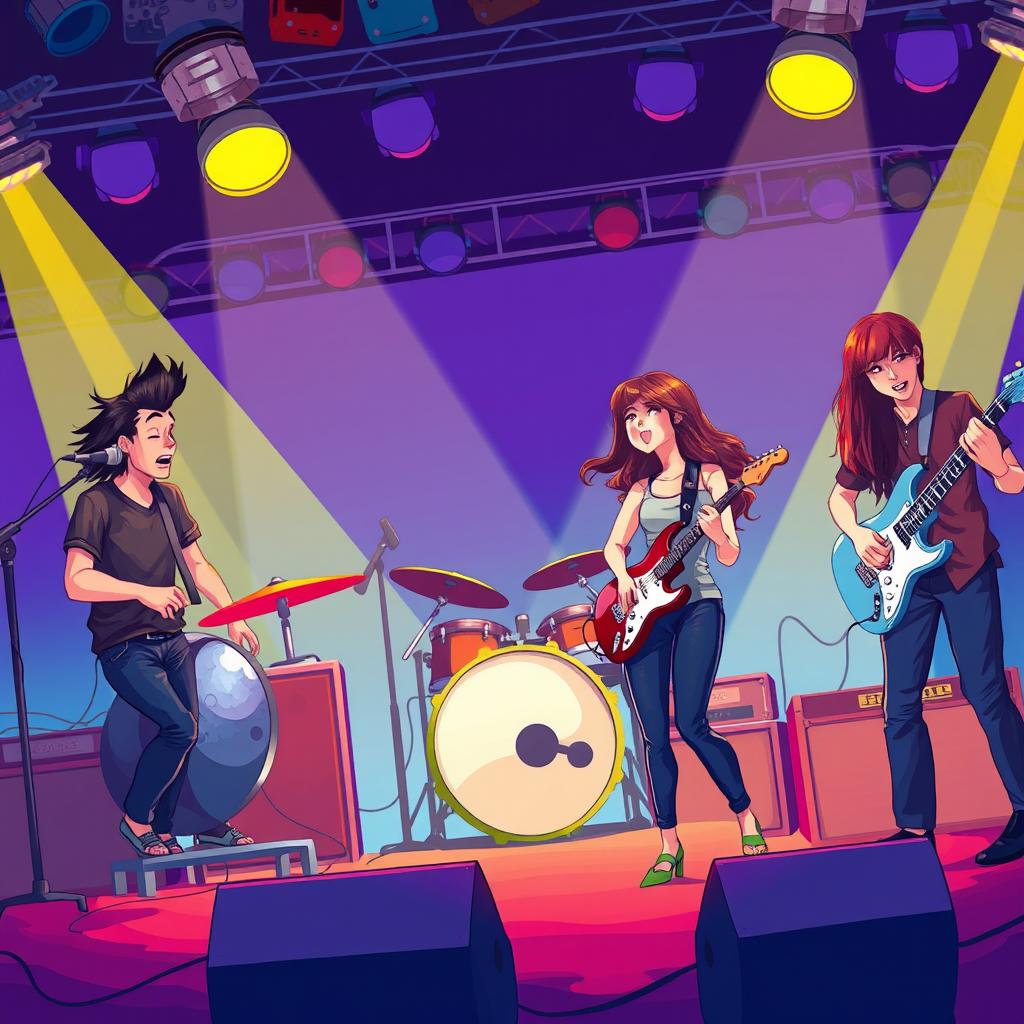 An illustration of a vibrant band performing on stage