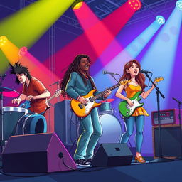 An illustration of a vibrant band performing on stage