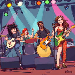 An illustration of a vibrant band performing on stage