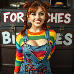 A close-up shot of a gorgeous female with auburn hair styled in pigtails