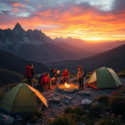 An adventurous overland expedition through rugged terrain, featuring a diverse group of explorers, each equipped with hiking gear, studying a map, and setting up a camp