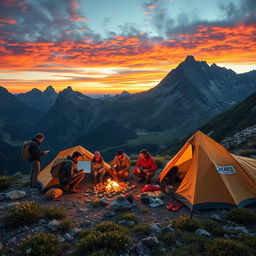 An adventurous overland expedition through rugged terrain, featuring a diverse group of explorers, each equipped with hiking gear, studying a map, and setting up a camp