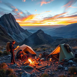 An adventurous overland expedition through rugged terrain, featuring a diverse group of explorers, each equipped with hiking gear, studying a map, and setting up a camp