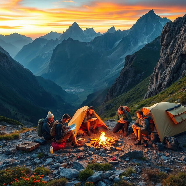 An adventurous overland expedition through rugged terrain, featuring a diverse group of explorers, each equipped with hiking gear, studying a map, and setting up a camp