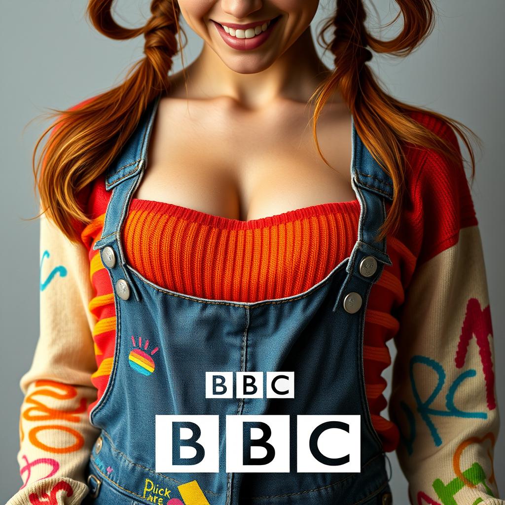 A stunning female figure in a close-up torso shot, featuring beautiful auburn hair styled in playful pigtails