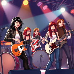 A realistic illustration of a vibrant band performing on stage