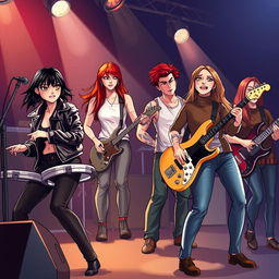 A realistic illustration of a vibrant band performing on stage