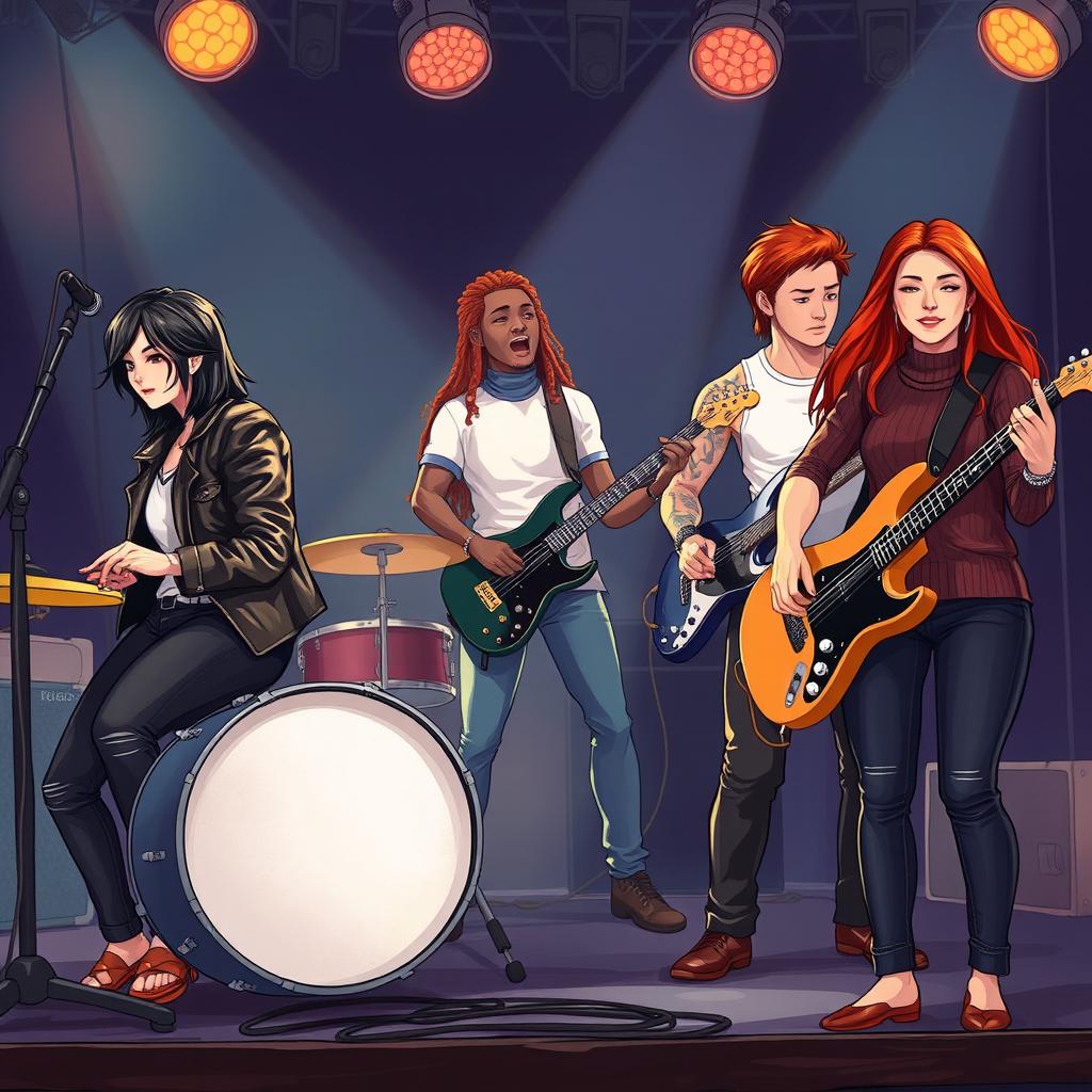 A realistic illustration of a vibrant band performing on stage