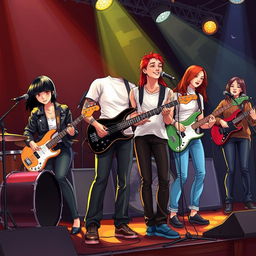 A realistic illustration of a vibrant band performing on stage