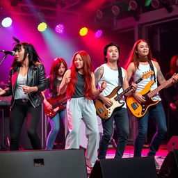 A vibrant band performing energetically on stage, featuring a female drummer with medium black mullet hair, dressed in a leather jacket