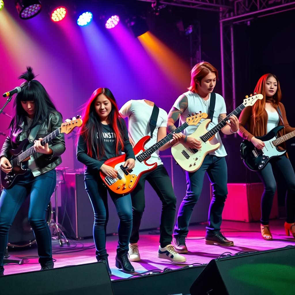 A vibrant band performing energetically on stage, featuring a female drummer with medium black mullet hair, dressed in a leather jacket