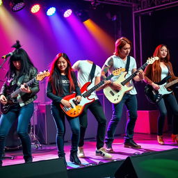 A vibrant band performing energetically on stage, featuring a female drummer with medium black mullet hair, dressed in a leather jacket