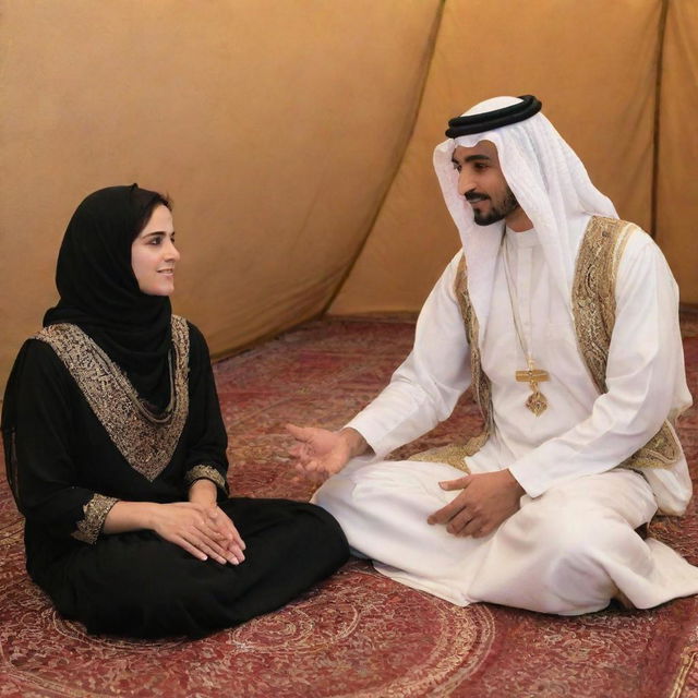 In an Arab tent, Founding Day festivities include joyful activities: a traditional music jam session, an interactive storytelling circle narrating Saudi history, henna tattoo artist depicting local designs, a falcon-handling demonstration, and a friendly competition of Arabic poetry recitation.