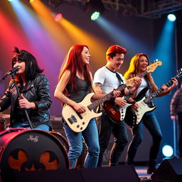 A vibrant band performing energetically on stage, featuring a female drummer with medium black mullet hair, dressed in a leather jacket