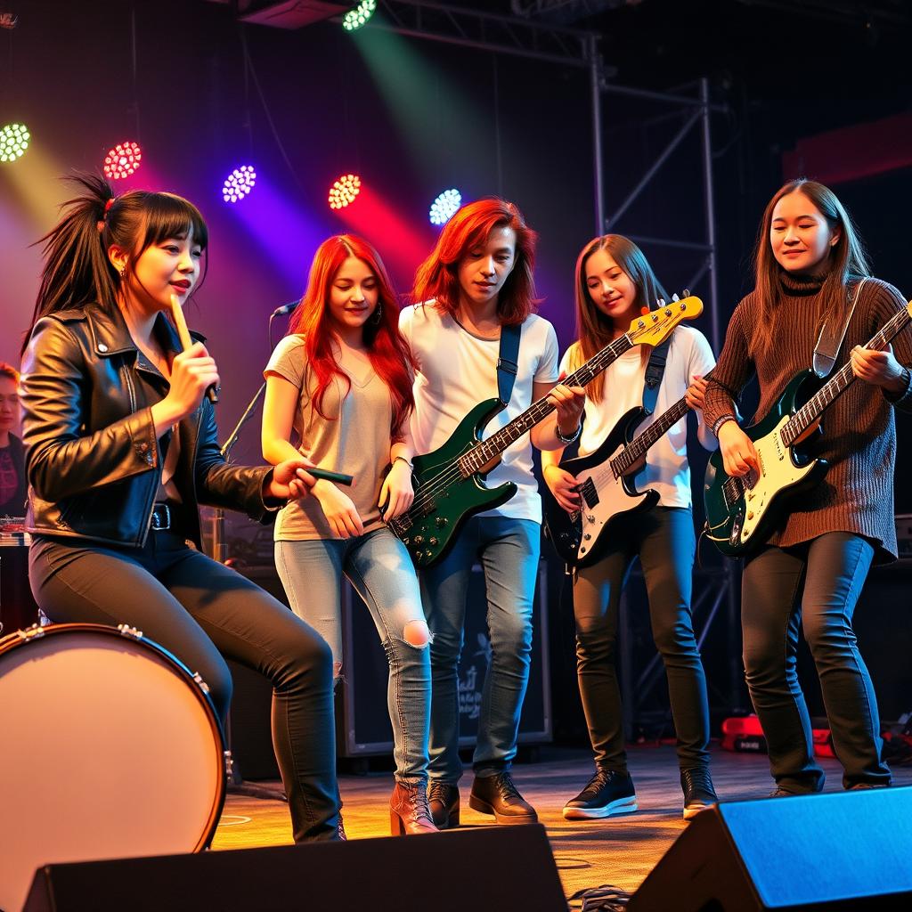 A vibrant band performing energetically on stage, featuring a female drummer with medium black mullet hair, dressed in a leather jacket