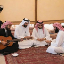 In an Arab tent, Founding Day festivities include joyful activities: a traditional music jam session, an interactive storytelling circle narrating Saudi history, henna tattoo artist depicting local designs, a falcon-handling demonstration, and a friendly competition of Arabic poetry recitation.