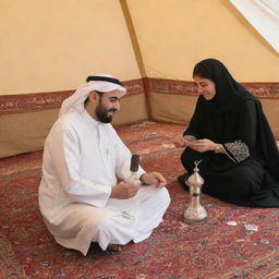 In an Arab tent, Founding Day festivities include joyful activities: a traditional music jam session, an interactive storytelling circle narrating Saudi history, henna tattoo artist depicting local designs, a falcon-handling demonstration, and a friendly competition of Arabic poetry recitation.