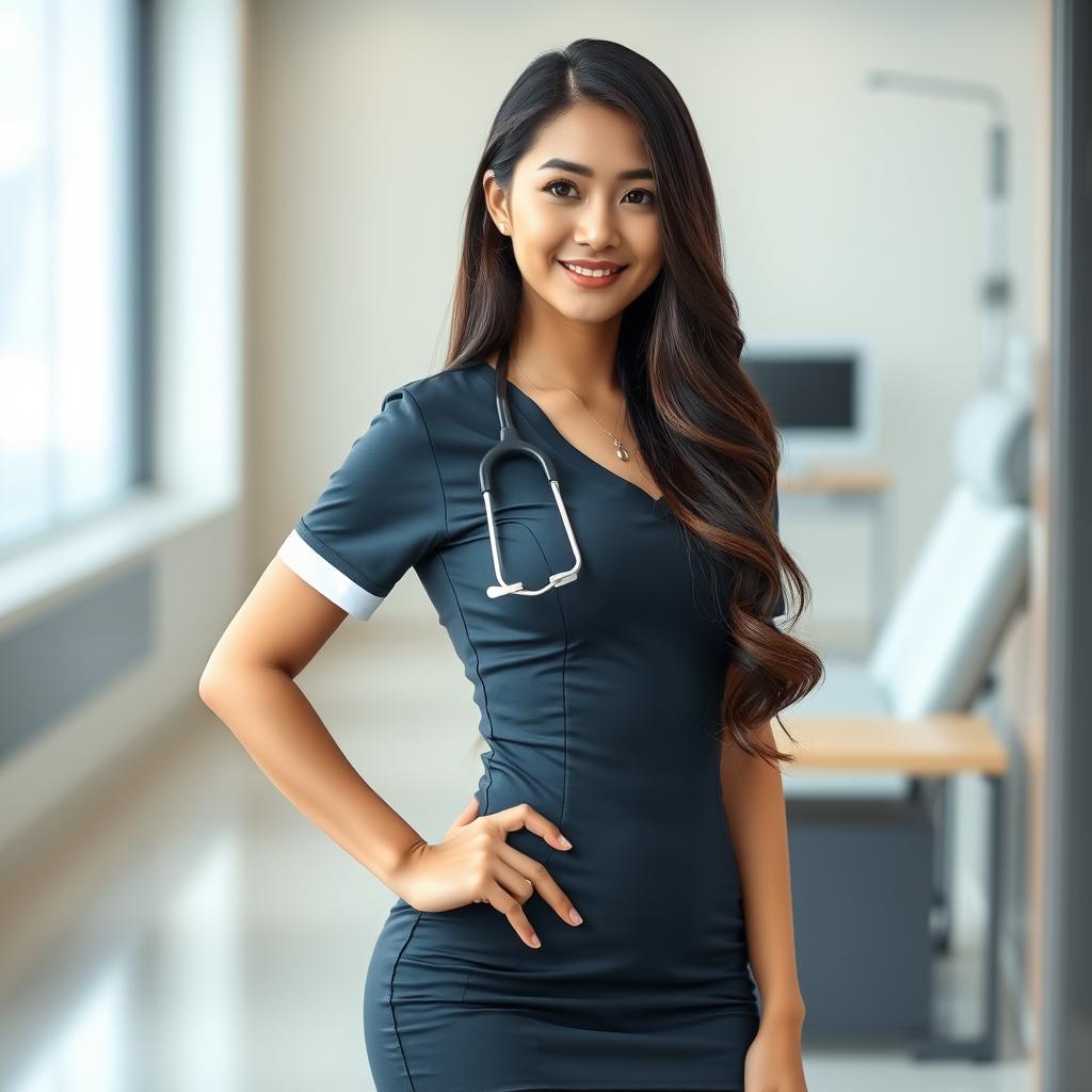 An alluring Asian nurse in a tight-fitting nurse dress that highlights her figure