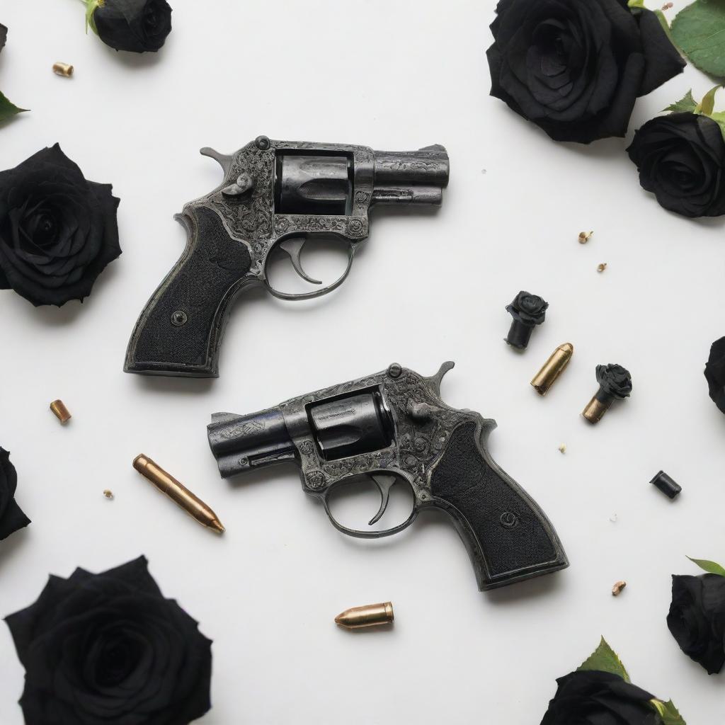 Two vintage pistols crossed, garnished with black roses and scattered bullets around, all on a white background.