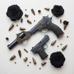 Two vintage pistols crossed, garnished with black roses and scattered bullets around, all on a white background.