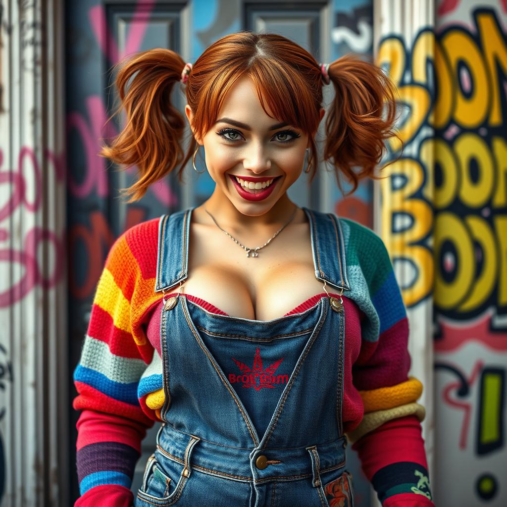 A stunning close-up shot of a gorgeous female with auburn hair styled in playful pigtails