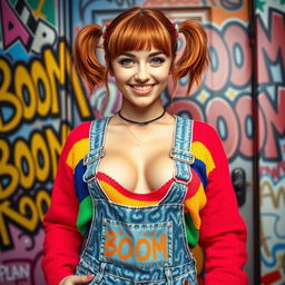 A stunning close-up shot of a gorgeous female with auburn hair styled in playful pigtails