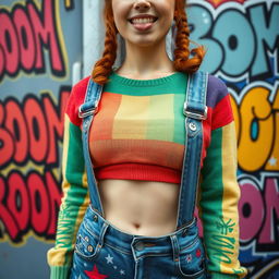 A close-up on the chest and torso of a gorgeous female with auburn hair styled in pigtails